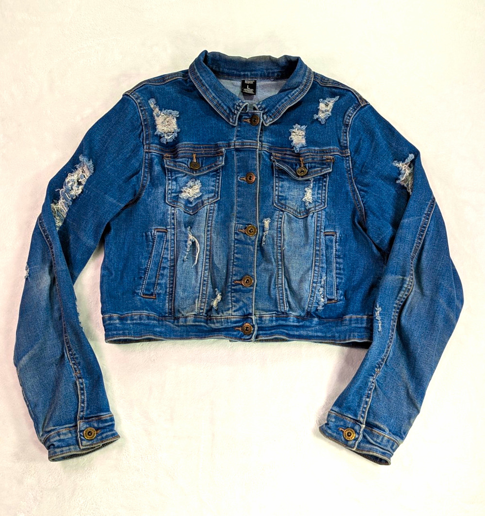 REDFOX Cropped Distressed Denim Jacket Size L Medium Wash Stretch Ripped Slit